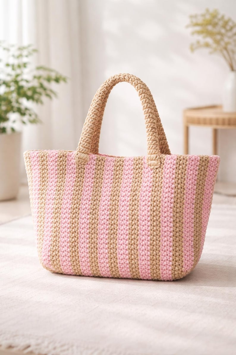 May include: A handmade tote bag with a striped pattern in pink and tan. The bag features two tan handles and is made of a textured, woven material. The bag is designed for carrying items and has a spacious interior.
