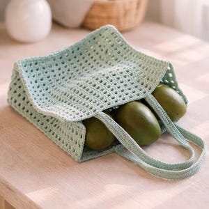 Mönster för virkad väska, lättförståelig videohandledning för virkad väska, virkmönster för fruktmarknadsväska, gör-det-själv-virkad nätväska, handledning för virkad väska