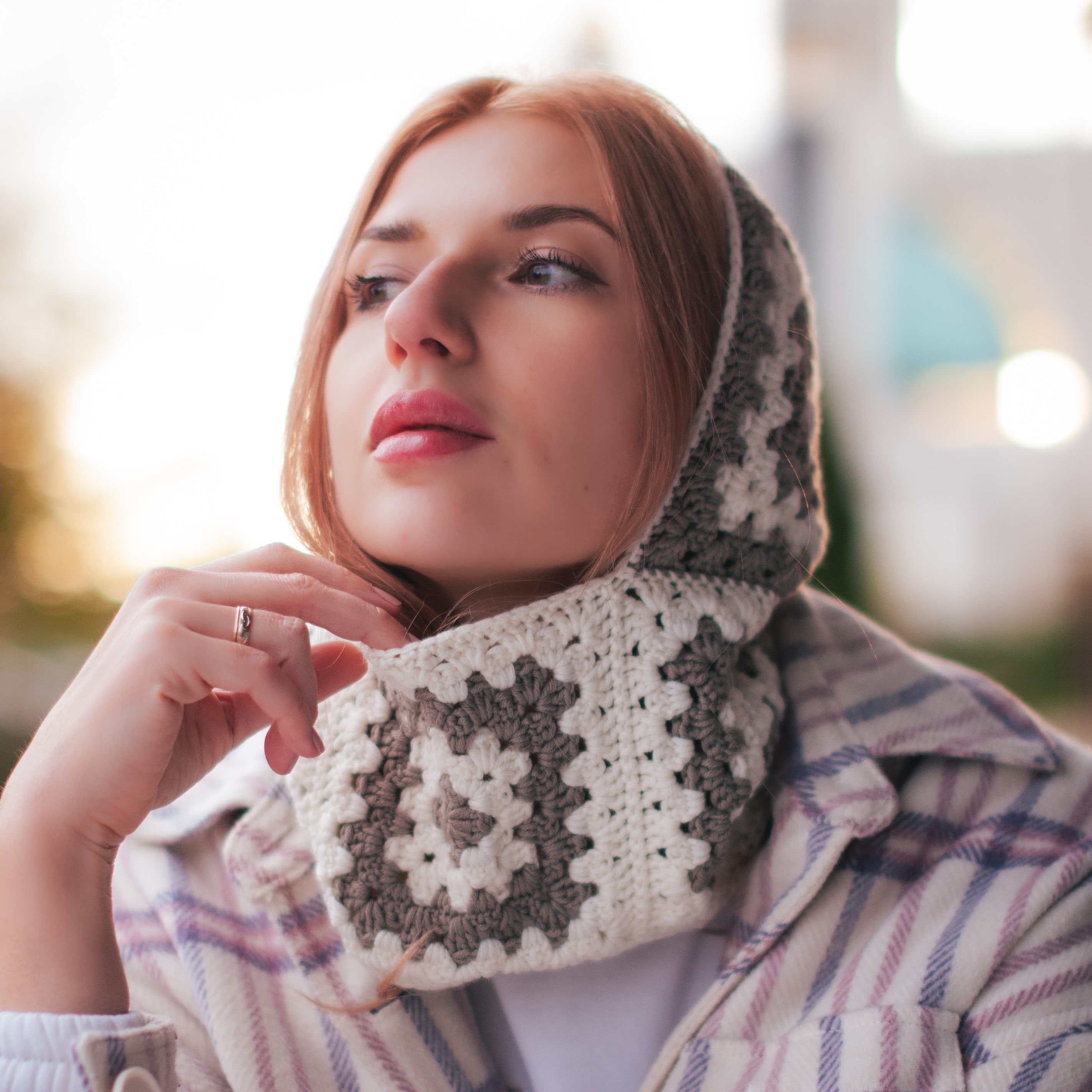 Urban Outfitters Cherry Crochet Balaclava Creme Off-White Granny Square Hood NEW Hand-knitted Granny Square Crochet Balaclava, Colorful Warm  main image 4