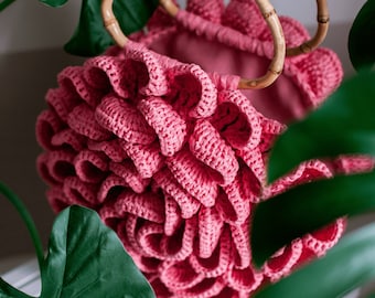 Bolso de ganchillo de flores, bolso de ganchillo de rafia hecho a mano, bolso de noche pequeño de ganchillo, bolso de ganchillo de peonía, regalo de cumpleaños perfecto para hermana