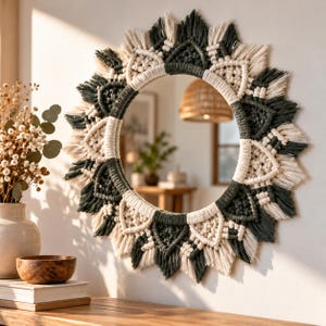 May include: A round wall mirror featuring a decorative macrame frame. The frame is crafted with alternating triangular patterns in dark forest green and cream-colored cord, finished with a fringed edge that creates a sunburst effect.