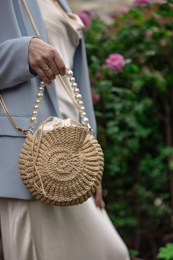 Shell Crochet Bag, Handmade Raffia Crochet Bag, Small Crochet