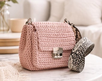 Molde de bolsa de crochê com bolso, tutorial de crochê para bolsa transversal, bolsa de crochê feita com fio de camiseta, molde em PDF fácil, vídeo passo a passo, bolsa feita à mão