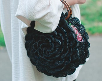 Crochet pattern Peony bag video tutorial, crochet flower bag pattern, polyester rope bag crochet DIY, crochet circle bag, raffia bag pattern