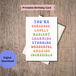 Lindo cartão de aniversário imprimível, cartão de aniversário digital do alfabeto pastel, você é lindo cartão de aniversário imprimível, cartão de aniversário colorido