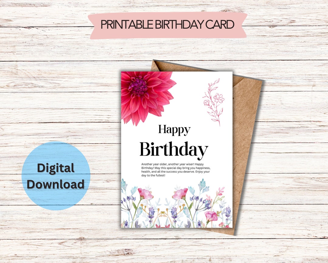 Floral Printable Birthday Card, Flower Birthday Card, Digital Birthday ...