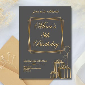 cartão de festa dourado, tema dourado, convite de aniversário dourado Cartão de convite para festa editável cartão de aniversário para impressão 5*7 ınch