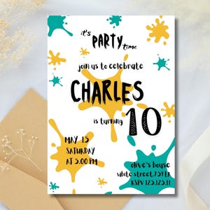 Kinder Malerei Geburtstagsparty malen Themenparty 15 * 18 cm Junge Geburtstagsfeier grün Teil Karte gelb Party Einladung Kunstparty Paintparty