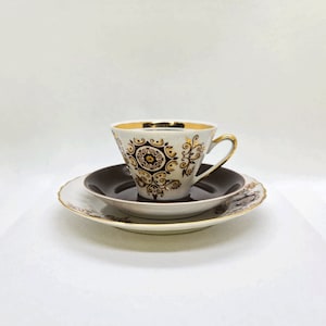 Vintage Riga Porcelain Factory Tea/Coffee Cup with a Saucer and Dessert Plate with Brown Elements From the Collection &quot;Vita&quot;