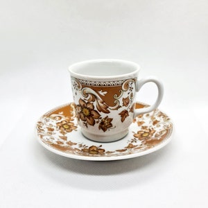 Vintage MZ Czechoslovakia Porcelain Coffee Cup with a Saucer White with Brown Flowers
