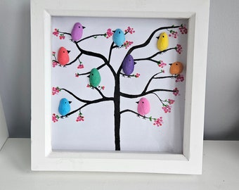 Rainbow Coloured Tree of Birds Framed Shell Picture