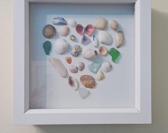 Scottish Beach Treasures Sea Glass and Sea Shell Heart White Shadow Box Frame, coastal beauty, unique