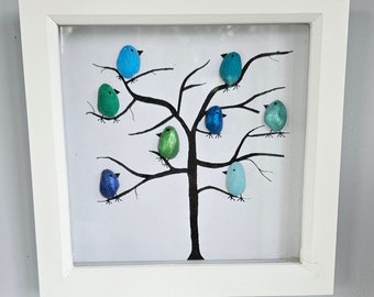 Blue and Green Tree of Birds Framed Picture, bird, tree, colourful, box frame