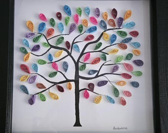 Tree of Life - quilled, rainbow, leaves, colourful tree wall frame, handmade.