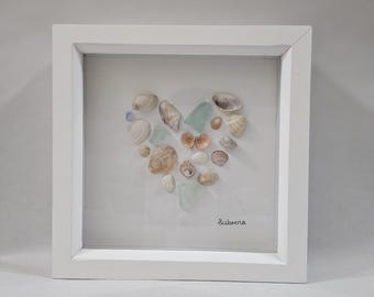 Scottish Beach Treasures Sea Glass and Sea Shell Heart White Shadow Box Frame, coastal beauty, pastel shades