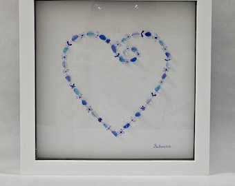 Shades of Blue Seaglass and Hand-drawn Flower Heart in a White Box Frame, blue heart, framed picture, sea glass