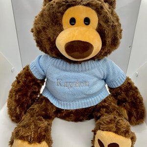 Könnte beinhalten: Ein brauner Teddybär mit einem hellblauen Pullover, auf dem der Name "Kayden" gestickt ist. Der Bär hat eine beige Schnauze und Pfoten, sowie schwarze Augen. Ein Kuscheltier.