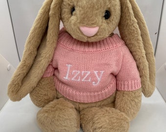 Gewichtetes Schönes Braunes Kaninchen. 35cm. 4lb mit gestrickten bestickten Pullover mit einem beliebigen Namen personalisiert. Sensorische Angst hilft beim Schlafen Autismus