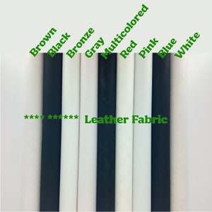 May include: Leather fabric samples in various colors, including brown, black, bronze, gray, multicolored, red, pink, blue, and white. The text "Leather Fabric" is printed below the samples.