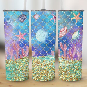 Glittery Seashells 20oz Skinny Tumbler Sublimation Wrap, High-Resolution Straight & Tapered PNG Wrap, 300 DPI Instant Digital Download Only