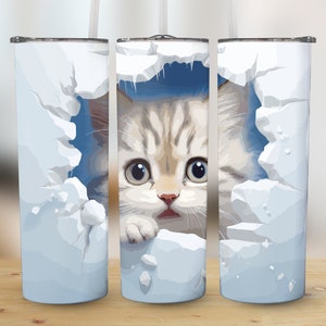 3D Cute Cat Hole in the Wall 20oz Skinny Tumbler Sublimation Wrap, High Resolution Straight & Tapered PNG Wrap, Instant Digital Download