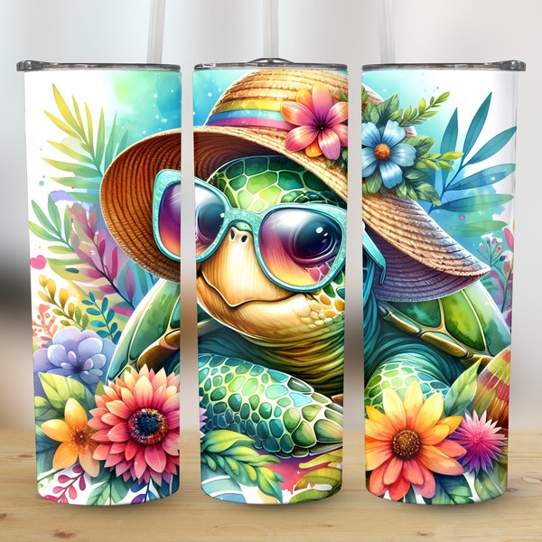 Colorful Summer Beach Vibe Turtle 20oz Skinny Tumbler Sublimation Design, Mother's Day Straight & Tapered Wrap, PNG Instant Digital Download