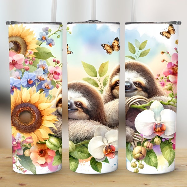 Cute Sloth Sunflower 20oz Skinny Tumbler Wrap Sublimation Design, Mother's Day Gift Straight & Tapered Wrap, PNG Instant Digital Download