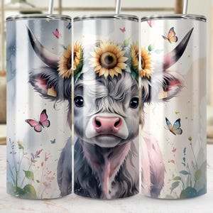 Highland Cow Sunflower 20oz Skinny Tumbler Wrap Sublimation Design, Sunflower Straight & Tapered PNG Template, Instant Digital Download ONLY