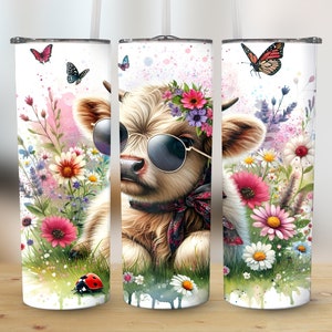 Boho Chic Highland Cow 20oz Skinny Tumbler Wrap Sublimation Design, Mother&#39;s Day Gift Straight & Tapered Wrap, PNG Instant Digital Download