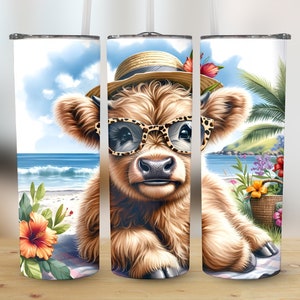 Tropical Highland Cow 20oz Skinny Tumbler Wrap Sublimation Design,Mother&#39;s Day Gift Straight & Tapered Wrap, PNG Instant Digital Download