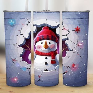 3D Snowman Hole in a Wall 20oz Skinny Tumbler Sublimation Wrap,High Resolution Straight and Tapered PNG Template,Instant Digital Download