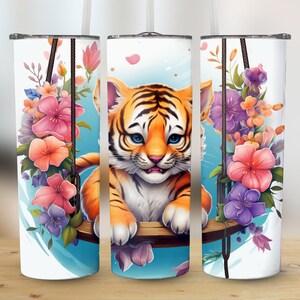 Baby Tiger on Swing 20oz Skinny Tumbler Sublimation Wrap, High-Resolution Straight & Tapered PNG Wrap, 300 DPI Instant Digital Download Only
