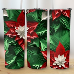 3D Christmas Flowers 20oz Skinny Tumbler Sublimation Wrap, High Resolution Straight & Tapered PNG Wrap, Instant Digital Download
