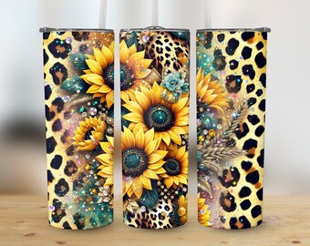 Sunflower Leopard Print 20oz Skinny Tumbler Wrap Sublimation Design,Mother's Day Gift Straight & Tapered Wrap, PNG Instant Digital Download