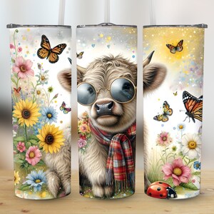 Cool Floral Highland Cow 20oz Skinny Tumbler Wrap Sublimation Design, Mother&#39;s Day Gift Straight & Tapered Wrap,PNG Instant Digital Download