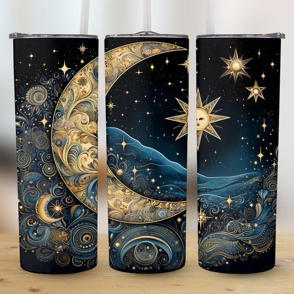 Bohemian Celestial Moon 20oz Skinny Tumbler Sublimation Wrap, High-Resolution Straight & Tapered PNG Wrap, 300 DPI Instant Digital Download