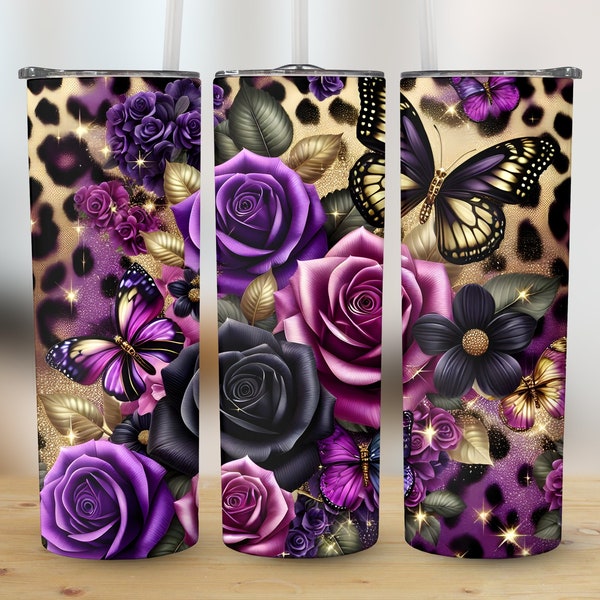 Purple Roses 20oz Skinny Tumbler Wrap Sublimation Design, Mother's Day Gift Straight & Tapered Wrap, PNG Instant Digital Download