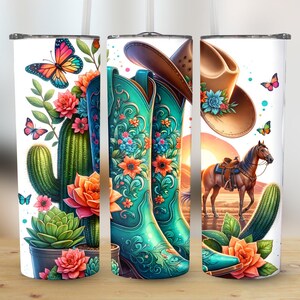 Botas de cowboy ocidentais Cactus 20oz Skinny Tumbler Wrap Design de sublimação, modelo PNG floral reto e cônico, download digital instantâneo