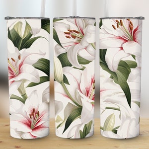 3D White and Pink Lilies 20oz Skinny Tumbler Sublimation Wrap, High Resolution Straight & Tapered PNG Wrap, Instant Digital Download File