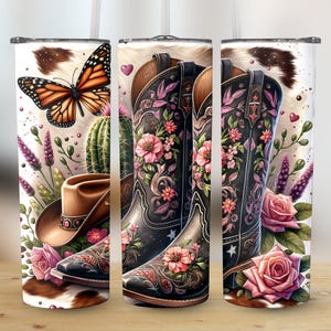 Western Cowboy Boots Cactus 20oz Skinny Tumbler Wrap Sublimation Design, Floral Straight & Tapered PNG Template, Instant Digital Download