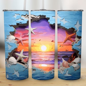 3D Cracked Wall Sunset Beach 20oz Skinny Tumbler Sublimation Wrap, High-Resolution Straight & Tapered PNG Wrap, Instant Digital Download