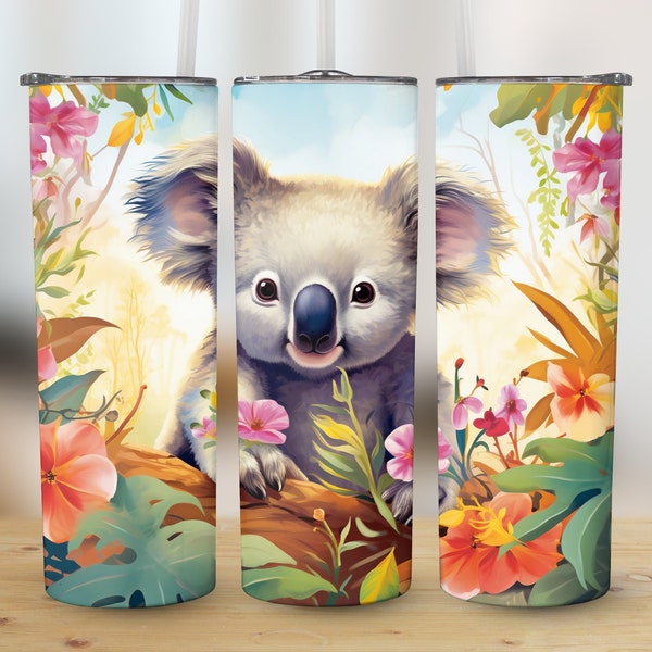 Cute Baby Koala 20oz Skinny Tumbler Sublimation Wrap, High-Resolution Straight & Tapered PNG Wrap, 300 DPI Instant Digital Download Only