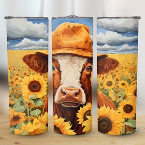 Cute Cow Sunflowers 20oz Skinny Tumbler Sublimation Wrap, High Resolution Straight & Tapered Coeboy Vibes PNG Wrap, Instant Digital Download