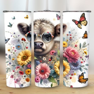 Cute Floral Highland Cow 20oz Skinny Tumbler Wrap Sublimation Design,Mother&#39;s Day Gift Straight & Tapered Wrap, PNG Instant Digital Download