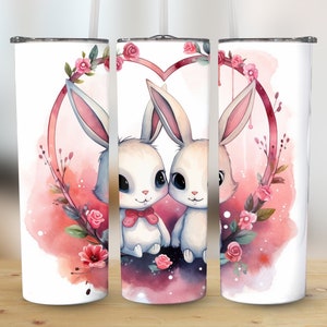 Love Heart Bunnies 20oz Skinny Tumbler Sublimation Design, Valentine&#39;s Day Straight & Tapered PNG Wrap,300 DPI Instant Digital Download