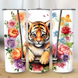 Baby Tiger on Swing 20oz Skinny Tumbler Sublimation Wrap, High-Resolution Straight & Tapered PNG Wrap, 300 DPI Instant Digital Download Only