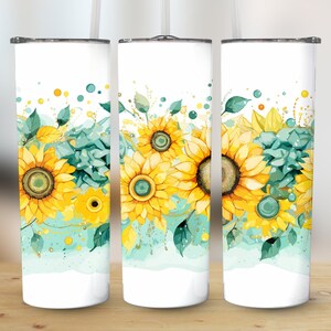 Seamless Watercolor Sunflower 20oz Skinny Tumbler Sublimation Wrap, High Resolution Straight & Tapered PNG Wrap, Instant Digital Download