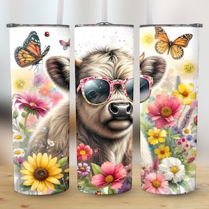 Floral Highland Cow 20oz Skinny Tumbler Wrap Sublimation Design, Mother&#39;s Day Gift Straight & Tapered Wrap, PNG Instant Digital Download