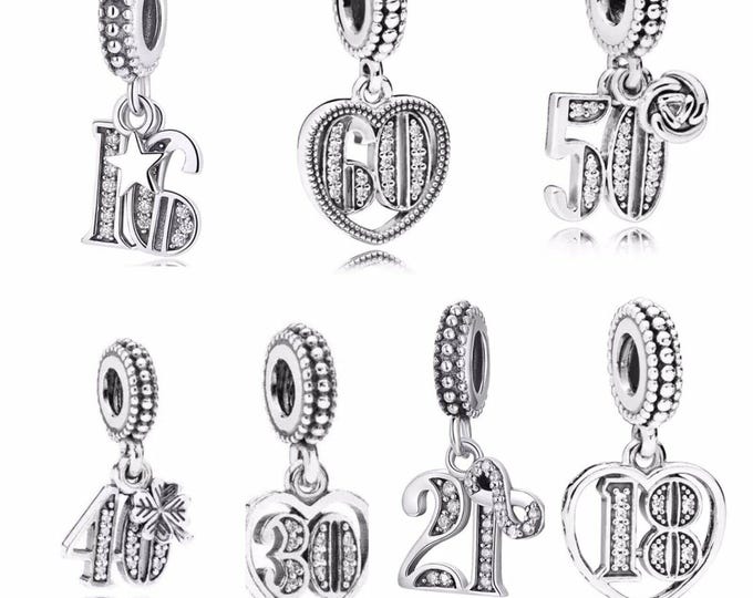 Birthday dangle charm 13th, 15th, 18th. 21st, 30th, 40th, for women bracelet S925 Sterling Silver Gifts For Women / friend birthday  Gifts