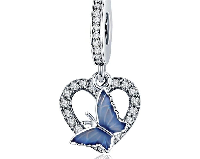 Blue Butterfly Heart bead Dangle charm for women bracelet S925 Sterling Silver Gifts For Women / friend birthday Gifts